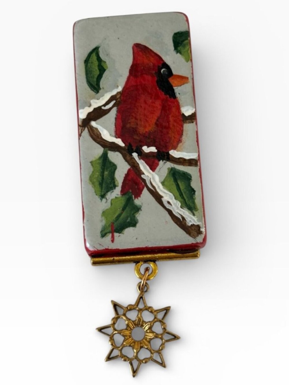 Cardinal Christmas Pin Brooch Domino Hand-Painted Snowflake Charm Winter Jewelry